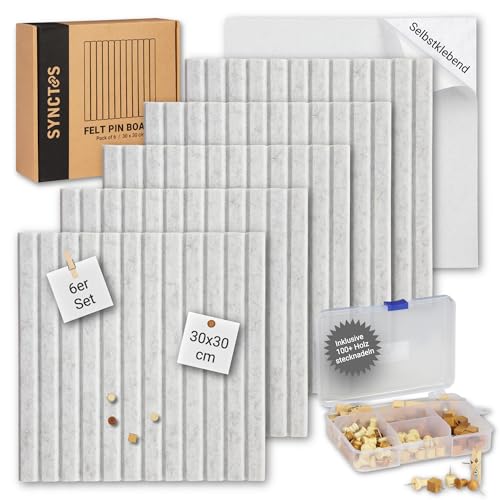 Synctos Pinnwand Filz Selbstklebend - 6er Set - 100+ Holz Pinnadeln - 30x30cm Groß & 12mm Dick - Modern Pinwand Design für Haus, Schule & Büro - Stylische Alternative Korkplatte/Korkwand - Hellgrau von Synctos