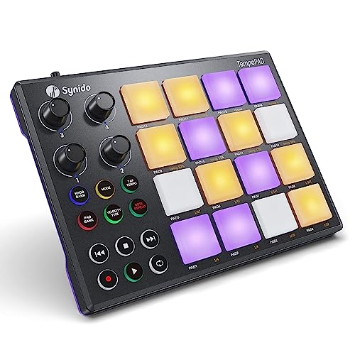 Synido MIDI Pad Beat Maker Maschine mit 16 RGB Beat Pads, USB Portable Mini MIDI Controller Pad mit Hintergrundbeleuchtetes Drum Pad, 4 zuweisbare Regler, für Anfänger Musikproduktion, TempoPAD von Synido