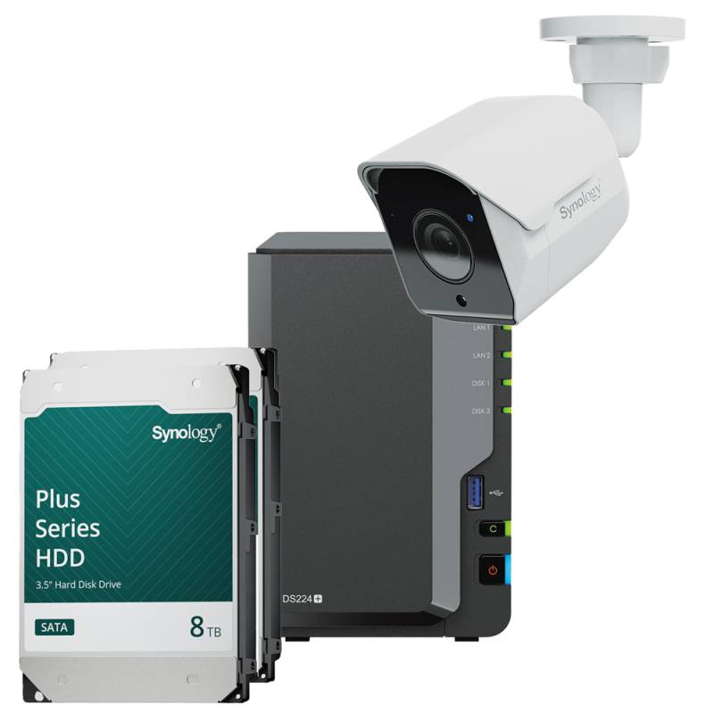 Synology DS224+ 16TB Surveillance Bundle NAS inkl. 2x 8TB Synology Plus HDD und 1x BC500 Überwachungskamera von Synology
