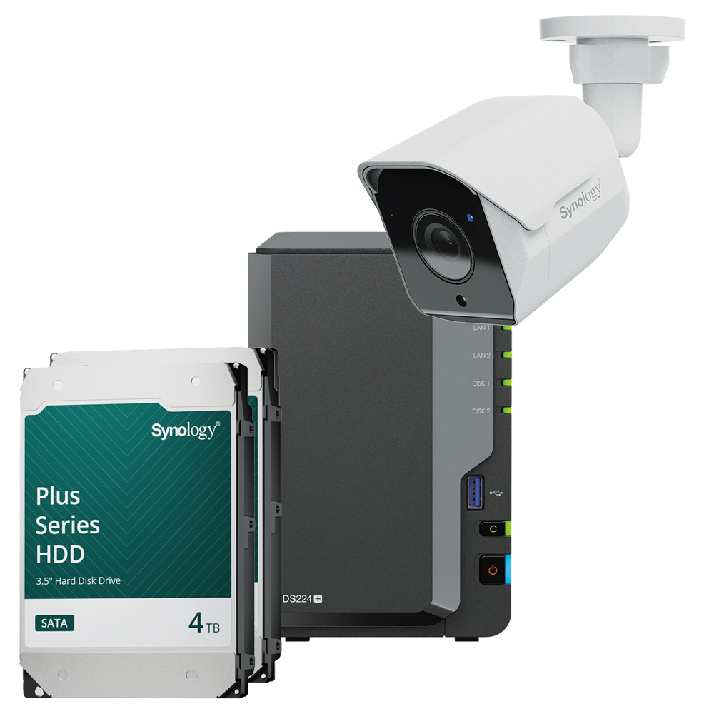 Synology DS224+ 8TB Surveillance Bundle NAS inkl. 2x 4TB Synology Plus HDD und 1x BC500 Überwachungskamera von Synology