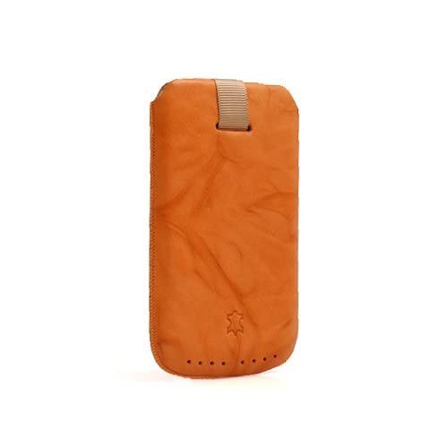System-S Leder Tasche Etui Case Sleeve Hülle mit Rückzugfunktion Ausziehhilfe Orange in Large für Smartphone Handy Mp3 Mp4 Player von System-S