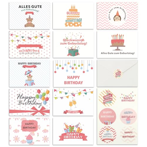 Syunyin Geburtstagskarten 12er Set mit Umschlag, Geschenkkarte Geburtstag Set 12 Klappkarten mit Briefumschlag Happy Birthday Karte, Glückwunschkarte für Frauen und Kinder von Syunyin