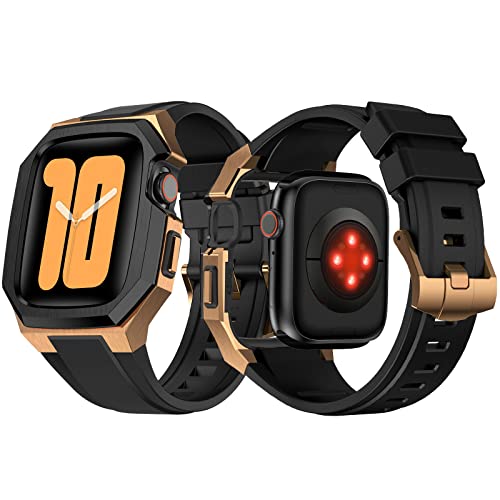 Syxinn Gehäuse mit Armband Kompatibel mit Apple Watch Armband 45mm mit Edelstahl Metall Schutzhülle Männer High-End Qualität Fluor Kautschuk Uhrenarmband Displayschutzhülle für iWatch Series 8 7 45mm von Syxinn