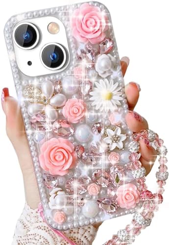 Szakdws Bling Diamant Handyhülle für iPhone 16 6.1" mit Perle Armband Abdeckung,Rosa 3D Sparkly glänzende Kristall Strass Blume Girly stoßfest Telefon Schutzhülle mit Schlüsselband Szakdws Bling Diamant Handyhülle für iPhone 16 6.1" mit Perle Armband Abdeckung,Rosa 3D Sparkly glänzende Kristall Strass Blume Girly stoßfest Telefon Schutzhülle mit Schlüsselband von Szakdws