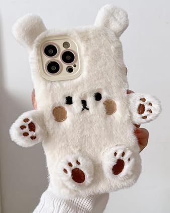 Szakdws Flauschig Handyhülle für iPhone 16 Plus 6.7" Niedlicher Bär Karikatur Hülle für Mädchen Frauen Winter Warm Weiches TPU Stoßfänger Plüsch Fuzzy Pelz Rückseite Schutzhülle (Weiß) von Szakdws