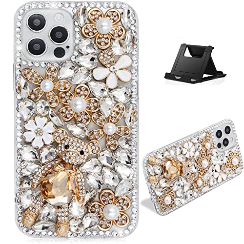 Szakdws Glänzend Frauen Hülle verträglich mit iPhone 15 6.1", Niedlich 3D Bär Funkeln Diamant Strass Perlen Blumen Design Transparent Hülle mit Weich Bumper Harte PC Rückseite Schutzhülle von Szakdws