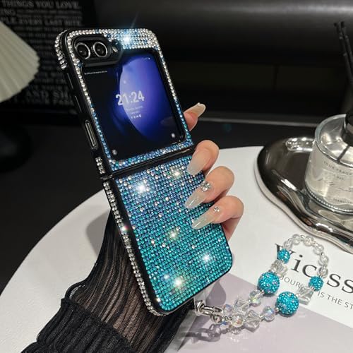 Szakdws Glitzer Handyhülle für Samsung Galaxy Z Flip 5 5G mit Bling Pearl Kette,Funkelnd Diamant Rhinestone Frauen Mädchen Fall mit Armband Handschlaufe Hülle für Galaxy Z Flip 5(Blau) von Szakdws