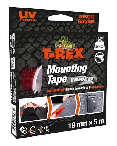 T-Rex Mounting Tape – Doppelseitiges Klebeband extra stark für Montagearbeiten im Innen- & Außenbereich – Dauerhafte Anwendungen ohne Bohren oder Schrauben – hält bis zu 375kg – 19mm x 5m von T-Rex