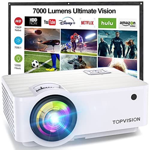 Mini Beamer, Native 720P Heimkino Beamer Unterstützt 1080P Full HD, 7000 Lux Video Beamer mit 300'' Display, 120000 Stunden LED Projektor Kompatibel mit HDMI/USB/SD/AV/VGA von T TOPVISION