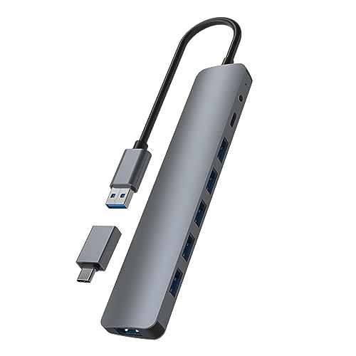 USB-A-Hub Aluminium auf 7 x USB-A 3.0, ultraschnelle Datenübertragung, Stromversorgung inklusive, Dongle Adapter USB-C im Lieferumfang enthalten – Aluminium von T'nB