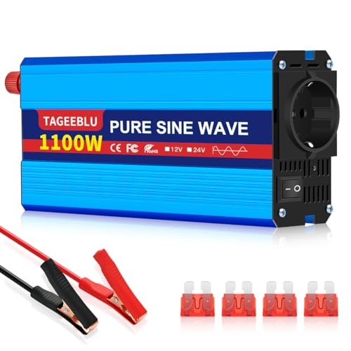 TAGEEBLU 1100W Reiner Sinus Wechselrichter DC 12V auf AC 230V Spannungswandler, Wechselrichter für Fahrzeuge mit Alligatorclip, 1 AC Steckdose und LCD Bildschirm von TAGEEBLU