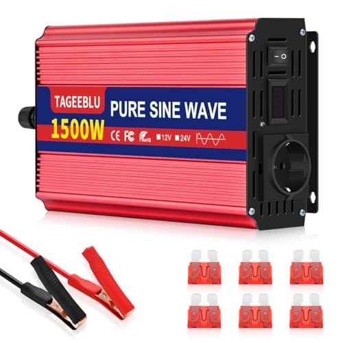 TAGEEBLU 1500W Reiner Sinus Wechselrichter DC 12V auf AC 230V Spannungswandler, Wechselrichter für Fahrzeuge mit Alligatorclip, 1 AC Steckdose und LCD Bildschirm von TAGEEBLU