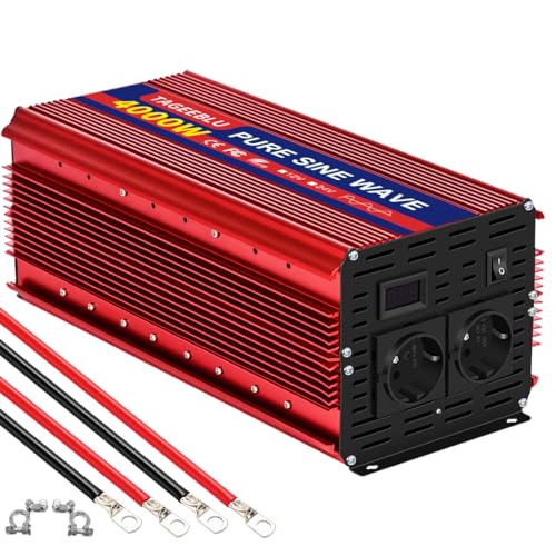 TAGEEBLU 4000W Reiner Sinus Wechselrichter DC 12V auf AC 230V Spannungswandler, Wechselrichter für Fahrzeuge mit Alligatorclip, 2 AC Steckdose und LCD Bildschirm von TAGEEBLU