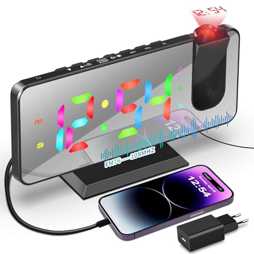 TAKRINK RGB Wecker Digital Radiowecker Projektionswecker mit 5 Stufen Bildschirmhelligkeit Automatisches Dimmen Wecker Radiowecker USB-Ladeanschluss Type-C Ladegerät 180° Projektor Projektion 12/24H von TAKRINK