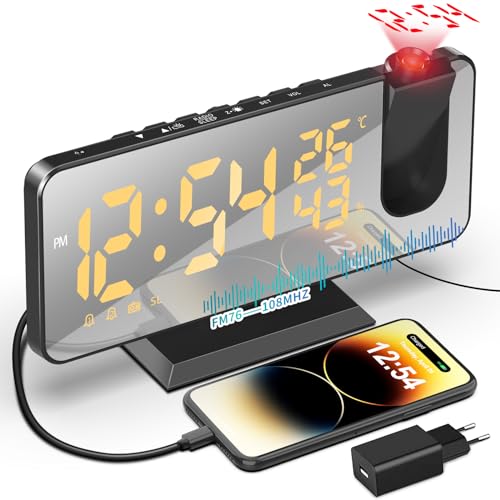 TAKRINK Wecker Digital Radiowecker Projektionswecker mit 4 Stufen Bildschirmhelligkeit Wecker mit Temperatur Uhr mit Projektion Dual-Alarm 12 / 24H USB-Anschluss von TAKRINK