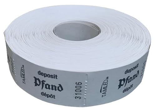 TAMLED Bonrolle PFAND weiß dreisprachig 1 Rolle mit 1000 perforierten Abrissen fortlaufend nummeriert Gastromarken Festival Getränke Verpflegung Events Firmenveranstaltung Volksfest Verein Wertmarke von TAMLED