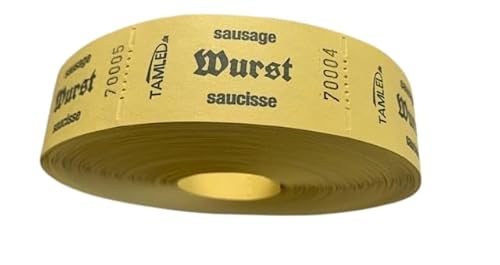 TAMLED Bonrolle WURST gelb Wertmarke dreisprachig 1 Rolle mit 1000 perforierten Abrissen fortlaufend nummeriert Gastromarken Festival Getränke Verpflegung Events Firmenveranstaltung Volksfest Verein von TAMLED