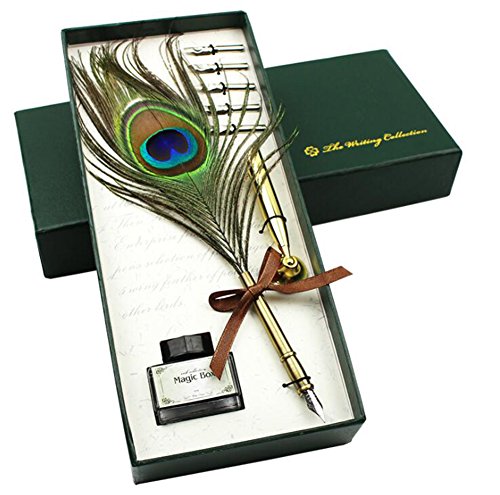 TANSHOP Kalligraphie-Stiftset - Pfauenfeder-Federkiel mit Tinten-Kit Vintage Dip Ink Writer-Stift Metallfeder, goldener Stiftständer-Hochzeitsgeschenkset von TANSHOP