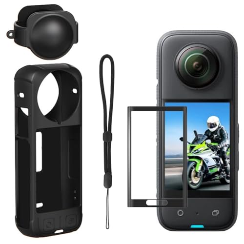 TANSUO 4 in 1 Schutzhülle Zubehör Kit Kompatibel mit Insta 360 X4 mit Silikon Kameratasche und Objektivdeckel, Displayschutz, Kratzfester Schutz für Insta 360 x4 Zubehör (Schwarz) von TANSUO