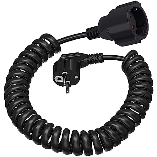 Schutzkontakt-Spiralverlängerung, Schuko Verlängerungskabel, Schutzkontakt Spiralleitung dehnbar von 0,8m bis 3 m Max, mit Schutzkontaktkupplung, Schwarz, Europäischer Standard-PVC-Federdraht Schutzkontakt-Spiralverlängerung, Schuko Verlängerungskabel, Schutzkontakt Spiralleitung dehnbar von 0,8m bis 3 m Max, mit Schutzkontaktkupplung, Schwarz, Europäischer Standard-PVC-Federdraht von TANXIS
