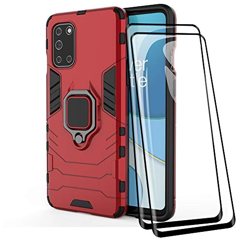 TANYO Hülle + Displayschutz [2 Stück] für OnePlus 8T, TPU/PC Hybrid Stoßfest Armor Bumper Handyhülle [360° Kickstand] mit Gehärtetes Glas Schutzfolie, Rot von TANYO