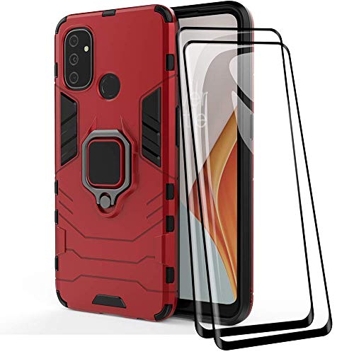 TANYO Hülle + Displayschutz [2 Stück] für OnePlus Nord N100, TPU/PC Hybrid Stoßfest Armor Bumper Handyhülle [360° Kickstand] mit Gehärtetes Glas Schutzfolie, Rot von TANYO