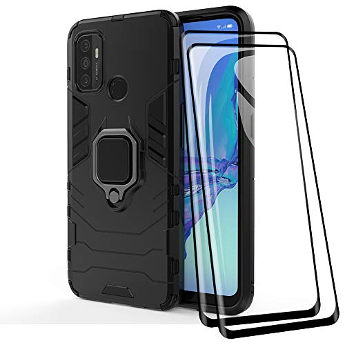 TANYO Hülle + Displayschutz [2 Stück] für Oppo A53S / A53, TPU/PC Hybrid Stoßfest Armor Bumper Handyhülle [360° Kickstand] mit Gehärtetes Glas Schutzfolie, Schwarz von TANYO