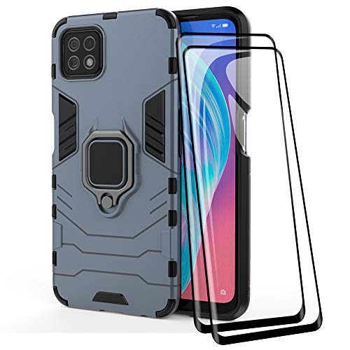 TANYO Hülle + Displayschutz [2 Stück] für Oppo A73 5G, TPU/PC Hybrid Stoßfest Armor Bumper Handyhülle [360° Kickstand] mit Gehärtetes Glas Schutzfolie, Blau von TANYO