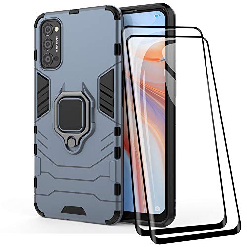 TANYO Hülle + Displayschutz [2 Stück] für Oppo Reno4 5G, TPU/PC Hybrid Stoßfest Armor Bumper Handyhülle [360° Kickstand] mit Gehärtetes Glas Schutzfolie, Blau von TANYO