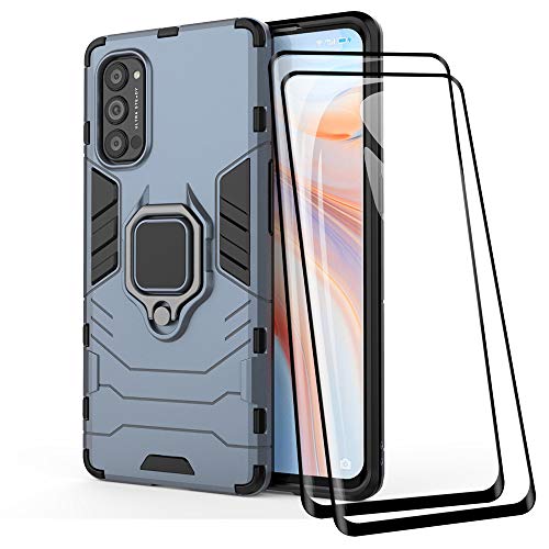 TANYO Hülle + Displayschutz [2 Stück] für Oppo Reno4 Pro 5G, TPU/PC Hybrid Stoßfest Armor Bumper Handyhülle [360° Kickstand] mit Gehärtetes Glas Schutzfolie, Blau von TANYO