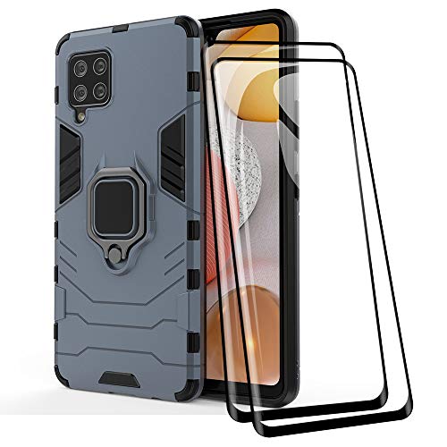 TANYO Hülle + Displayschutz [2 Stück] für Samsung Galaxy A42 5G, TPU/PC Hybrid Stoßfest Armor Bumper Handyhülle [360° Kickstand] mit Gehärtetes Glas Schutzfolie, Blau von TANYO