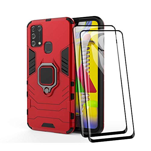 TANYO Hülle + Displayschutz [2 Stück] für Samsung Galaxy M31 / M21s, TPU/PC Hybrid Stoßfest Armor Bumper Handyhülle [360° Kickstand] mit Gehärtetes Glas Schutzfolie, Rot von TANYO