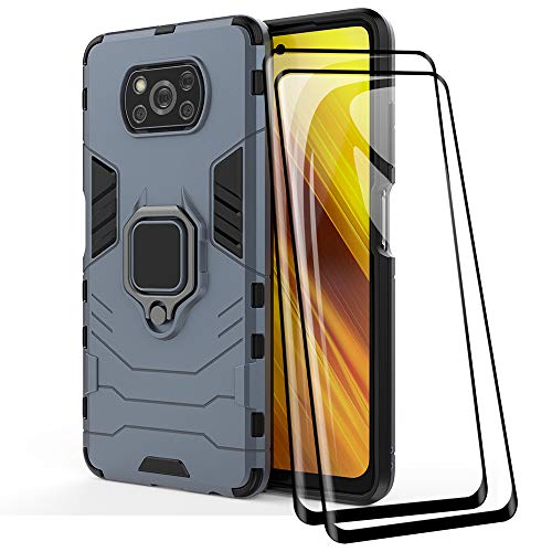 TANYO Hülle + Displayschutz [2 Stück] für Xiaomi Poco X3 Pro | X3 NFC, TPU/PC Hybrid Stoßfest Armor Bumper Handyhülle [360° Kickstand] mit Gehärtetes Glas Schutzfolie, Blau von TANYO