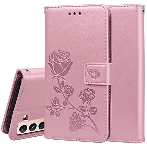 TANYO Hülle Geeignet für Samsung Galaxy S21 Plus, Wallet Tasche Hülle, Retro Blumen Muster Design, Premium PU Leder Tasche Flip Wallet Case, mit Kartenfächern und Standfunktion. Rosa von TANYO