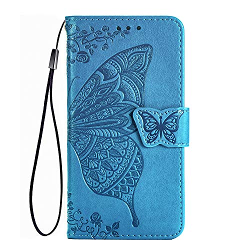 TANYO Hülle für Huawei P Smart 2020, Schutzhülle PU/TPU Flip Leder Brieftasche Handytasche mit Kartenfächer, Klapp Handyhülle 3D Schmetterling Blau von TANYO