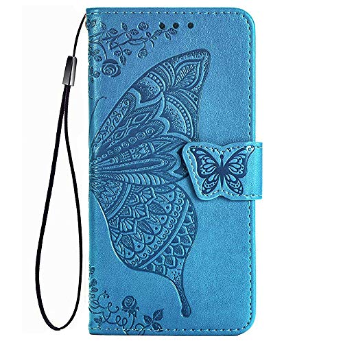 TANYO Hülle für Xiaomi Mi 10 Lite 5G, Schutzhülle PU/TPU Flip Leder Brieftasche Handytasche mit Kartenfächer, Klapp Handyhülle 3D Schmetterling Blau von TANYO