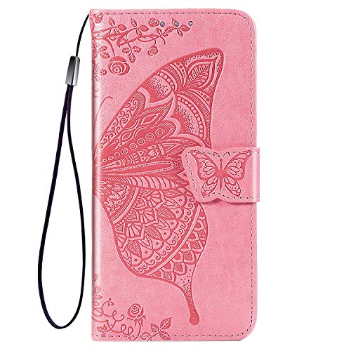 TANYO Schmetterling Flip Folio Hülle für Google Pixel 4A 4G (Not for 5G Version), Schutzhülle PU/TPU Leder Klapptasche Handytasche mit Kartenfächer, Handyhülle - Rosa von TANYO