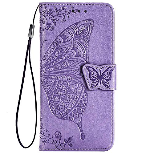 TANYO Schmetterling Flip Folio Hülle für Oppo A53S / A53, Schutzhülle PU/TPU Leder Klapptasche Handytasche mit Kartenfächer, Handyhülle - Helles Lila von TANYO