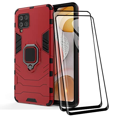 TANYO Schutzhülle + [2 Stück] Hartglas für Samsung Galaxy A42 5G, TPU/PC Dual Layer Armor stoßfest Schutzhülle [360° Holder] Con 9H Härte, Displayschutzfolie, Rot von TANYO