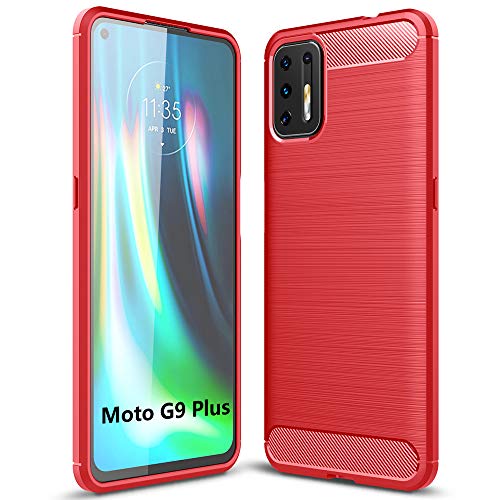 TANYO Silikon Faser Hülle für Motorola Moto G9 Plus, Schutzhülle TPU Faser Zeichnen Handyhülle mit Stoßfest Bumper Armor, Case Cover - Rot von TANYO