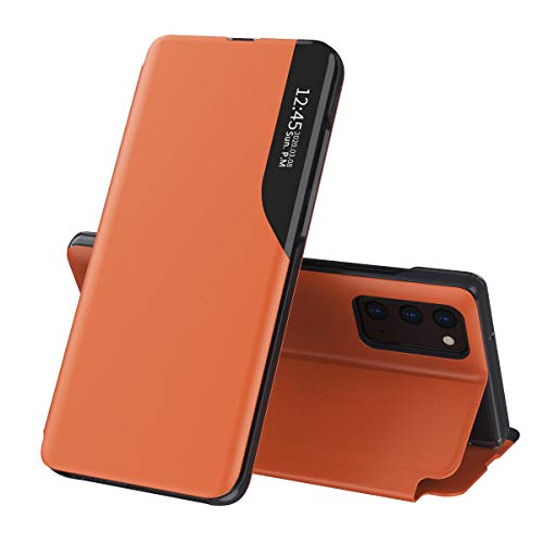 TANYO Smart View Hülle für Samsung Galaxy A32 4G Edition, Premium Leder Schutzhülle mit Sichtfenster Fenster, Stilvoll Spiegel Handyhülle mit Flip Klappbarer Ständer - Orange von TANYO