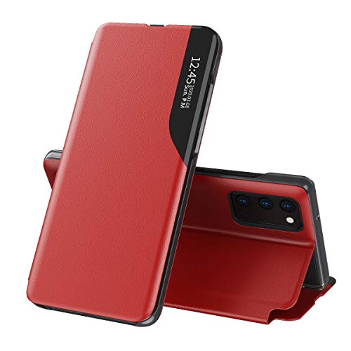 TANYO Smart View Hülle für Samsung Galaxy Note 20 (5G / 4G), Premium Leder Schutzhülle mit Sichtfenster Fenster, Note20 Stilvoll Spiegel Handyhülle mit Flip Klappbarer Ständer - Rot von TANYO