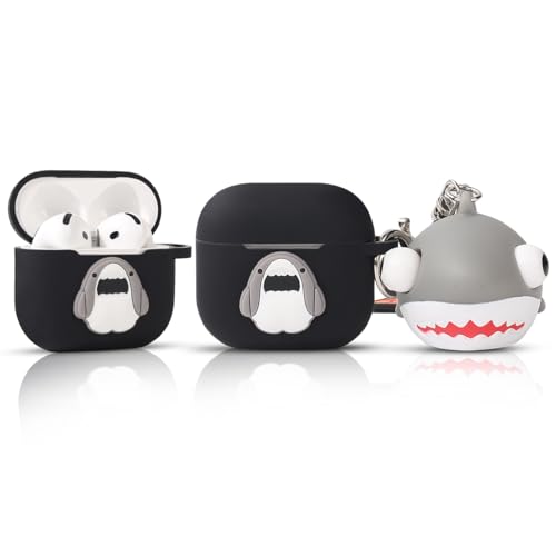 TAOCHEN Hüllen für AirPods 4 Drahtlose Ohrhörer (2024) mit Puppe und Karabiner- Silikon Aufladung Schutzhülle mit Cartoon Haut Design für AirPods 4th Erzeugung Kopfhörer (Hai) von TAOCHEN