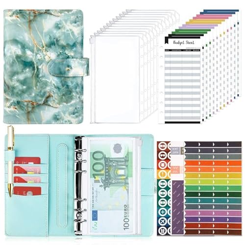 Budget Planner Budget Binder A6, Budgetplaner Geld Organizer mit Weiche Tasche, TAOPE Budget Binder Notizbuch A6 Cash Stuffing, Haushaltsbuch mit Geldfächer, Budget Planner Set Aquamariner Marmor von TAOPE