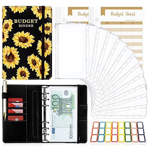 Budget Planner Budget Binder A6, Budgetplaner Geld Organizer mit Weiche Tasche, TAOPE Budget Binder Notizbuch A6 Cash Stuffing, Haushaltsbuch mit Geldfächer, Budget Planner Set Sonnenblume Schwarz von TAOPE