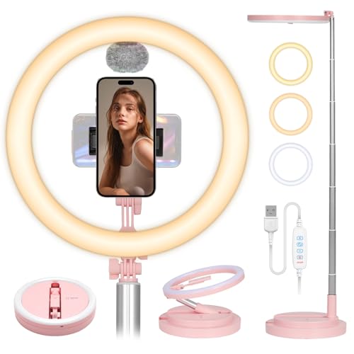 TARION Faltbares Ringlicht mit LED Ringleuchte: Selfie Tisch Ring mit Telefonhalterung & Cold Shoe Mount Einstellbare Höhe & Helligkeit Großes Ringlicht für Live Streaming Video Fotografie Y3 (Rosa) von TARION