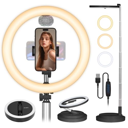 TARION Faltbares Ringlicht mit LED Ringleuchte: Selfie Tisch Ring mit Telefonhalterung & Cold Shoe Mount Einstellbare Höhe & Helligkeit Großes Ringlicht für Live Streaming Video Fotografie Y3 Schwarz von TARION