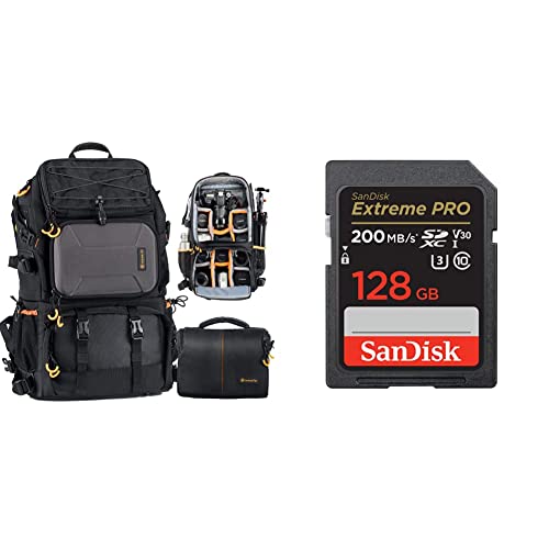 TARION Kamerarucksack Fotorucksack Groß 2-in-1 mit Extra Kameratasche für Spiegelreflex D-SLR(25 Liter, Schwarz) & SanDisk Extreme PRO SDXC UHS-I Speicherkarte 128 GB (V30 von TARION