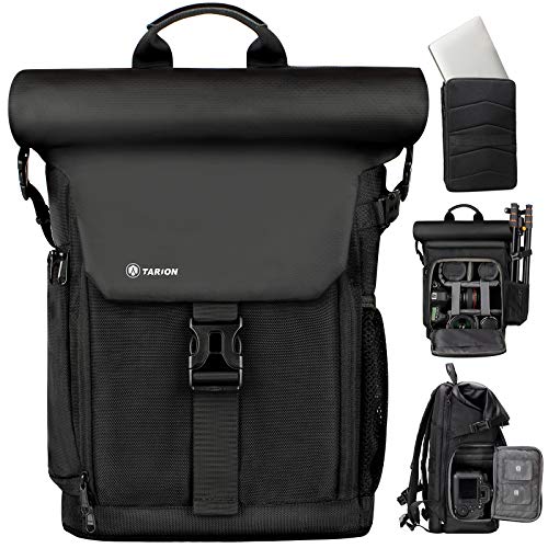 TARION Kamerarucksack Rolltop Wasserdicht Fotorucksack Kameratasche DSLR Rucksack mit 15,6 Zoll Laptophülle und Regenschutzhülle(SP-01-Schwarz) von TARION