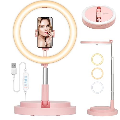 TARION Ringlicht mit Stativ LED Ringleuchte: Tisch Ring Light 11,8 Zoll Ringlampe Lichtring Faltbare Ringlight mit Handyhalterung Handy Stativ für Smartphone Video Fotografie Live Steaming(Rosa) von TARION